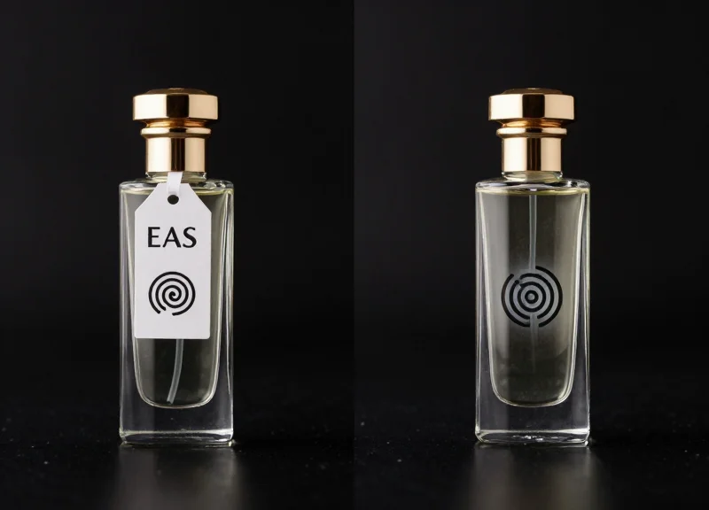 Side-by-side comparison of an EAS tag versus a discreet RFID label on luxury bottles.