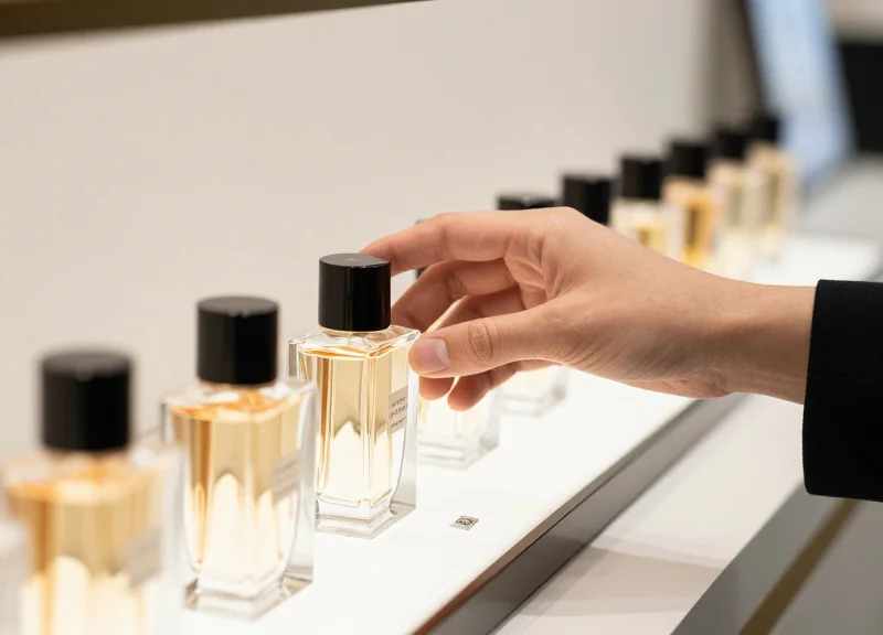 A hand picking up an elegant bottle with a nearly invisible security tag in a luxury store.