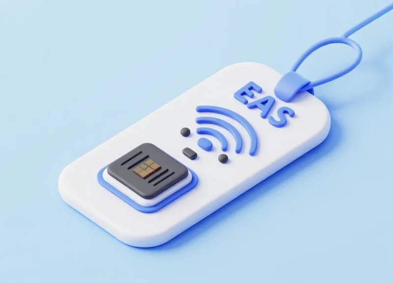 Isometric 3D model of a hybrid RFID and EAS security tag showing internal components.
