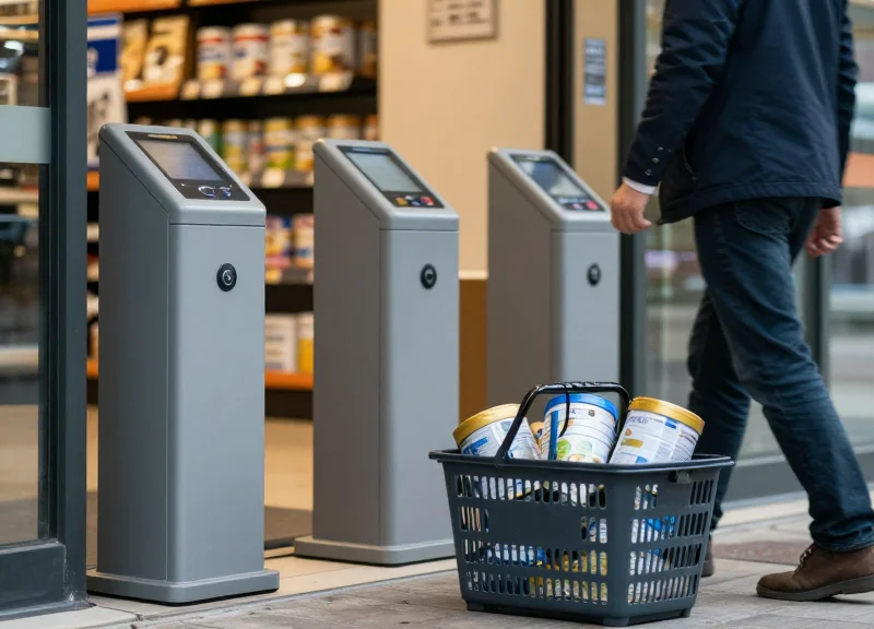 Modern retail security pedestals at a store entrance with metal cans in a shopping basket.