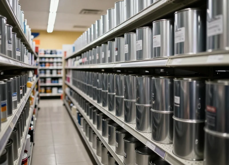 A retail paint aisle with rows of shiny metal paint cans on shelves, showing the metallic environment.