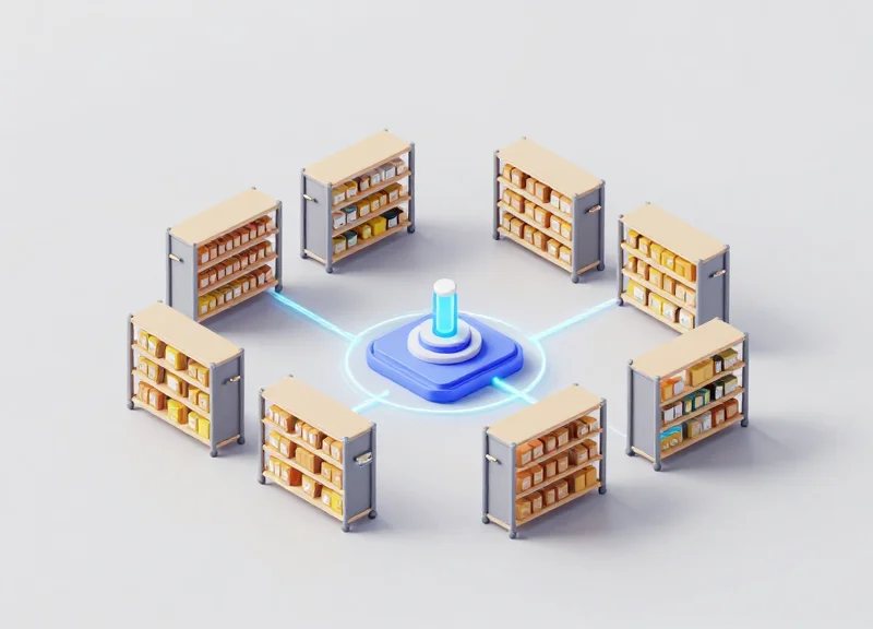 Isometric view of a retail inventory system with connected nodes representing RFID integration.
