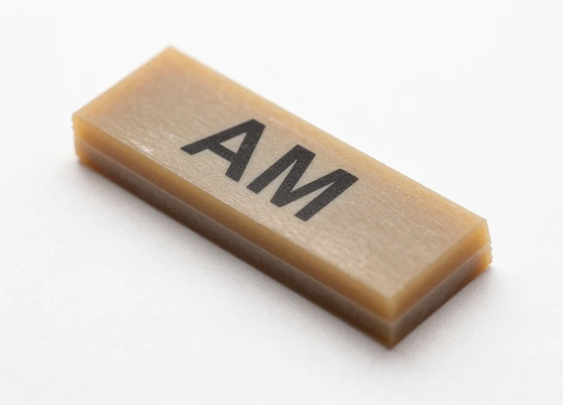 A close-up view of a specialized AM anti-metal security label showing its thick ferrite layer and adhesive side.