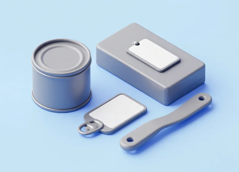 Isometric view of security tags applied to various metal geometries like cylinders and flat plates.