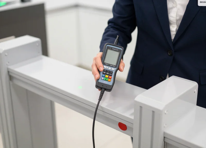 A technician calibrating a retail security pedestal using a handheld diagnostic tool.