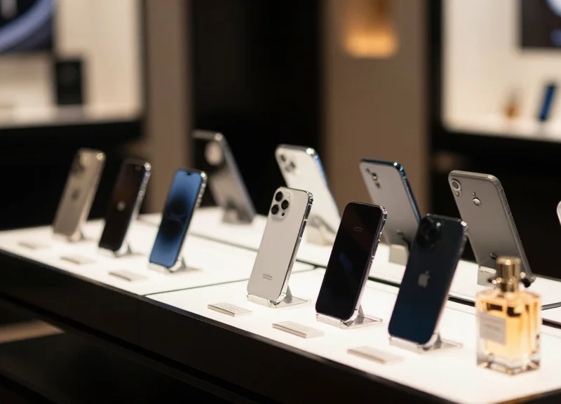 High-value electronics on display in a retail store with discreet anti-metal labels.