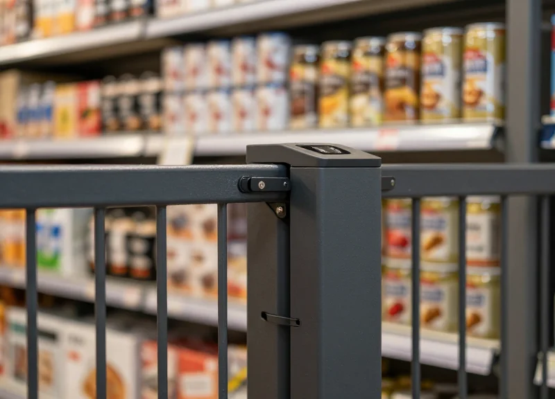 A modern security antenna at a store entrance with metal-packaged products visible in the background.