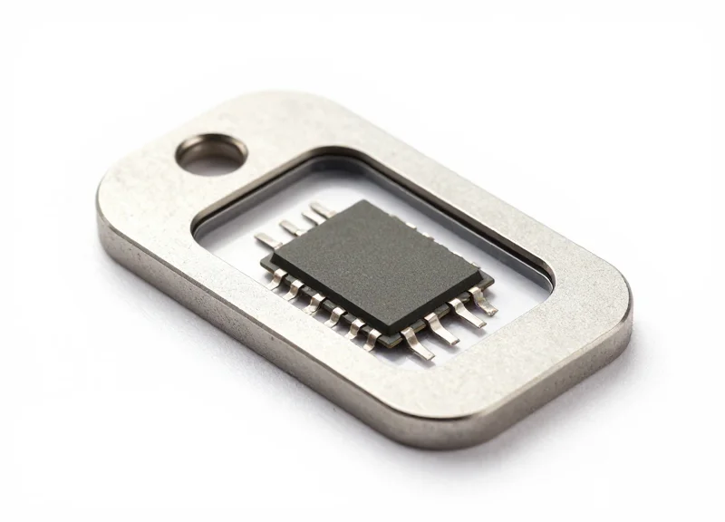 Close-up of a specialized on-metal RFID tag showing its industrial design and mounting surface.