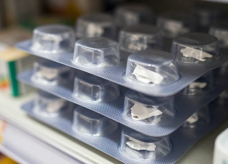 Macro shot of a clear plastic blister pack on a store shelf showing complex edges.