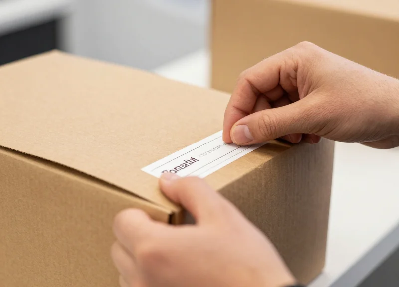 Close-up of a worker's hands applying a security sticker on the back of a product package.