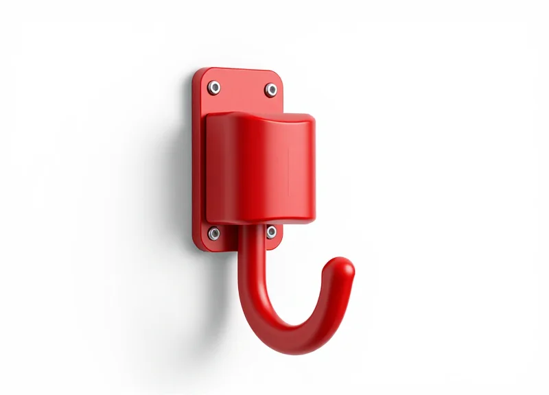 A red retail hook stop lock for securing carded merchandise on display hooks.