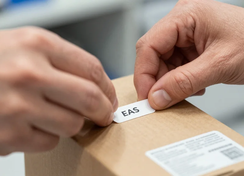 Human hands carefully adhering a security tag to the surface of a carded product package.