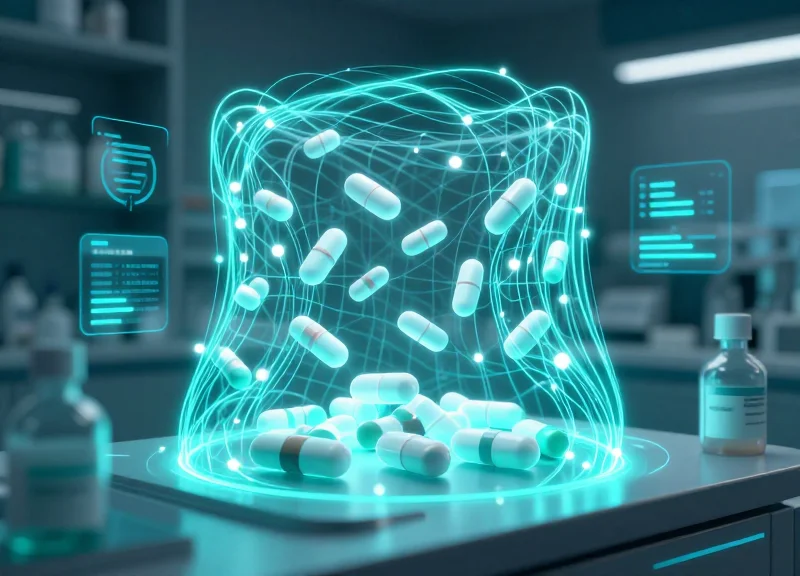 Futuristic concept art of AI-driven pharmacy security and automation.
