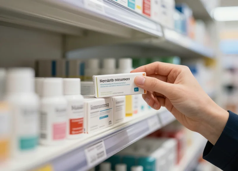 A close-up of a hand reaching for high-value ointment products on a clean, modern pharmacy shelf.