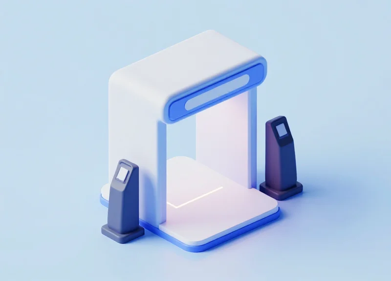 Isometric 3D model of a pharmacy entrance with EAS security pedestals and glowing protective signals.