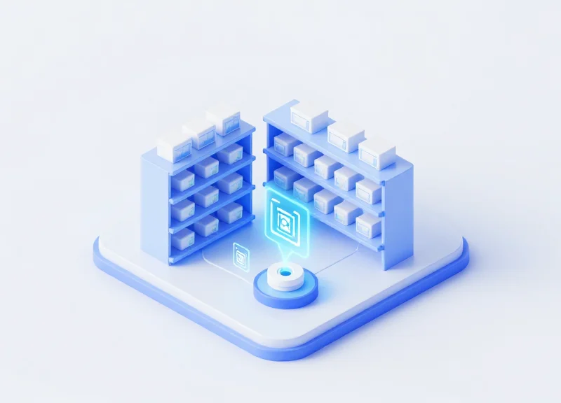 Isometric view of an RFID inventory system scanning products with floating data symbols.