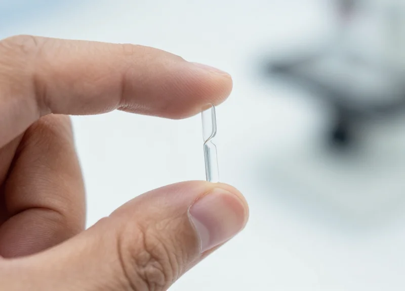 A macro shot of a hand holding a tiny 15mm micro-tube against a laboratory background