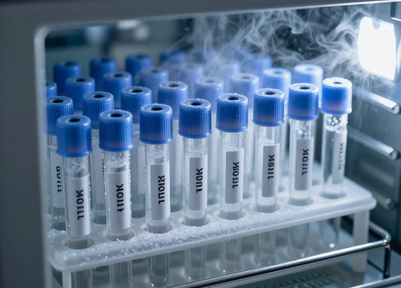 Labeled micro-tubes stored in a cold, frosted laboratory freezer rack