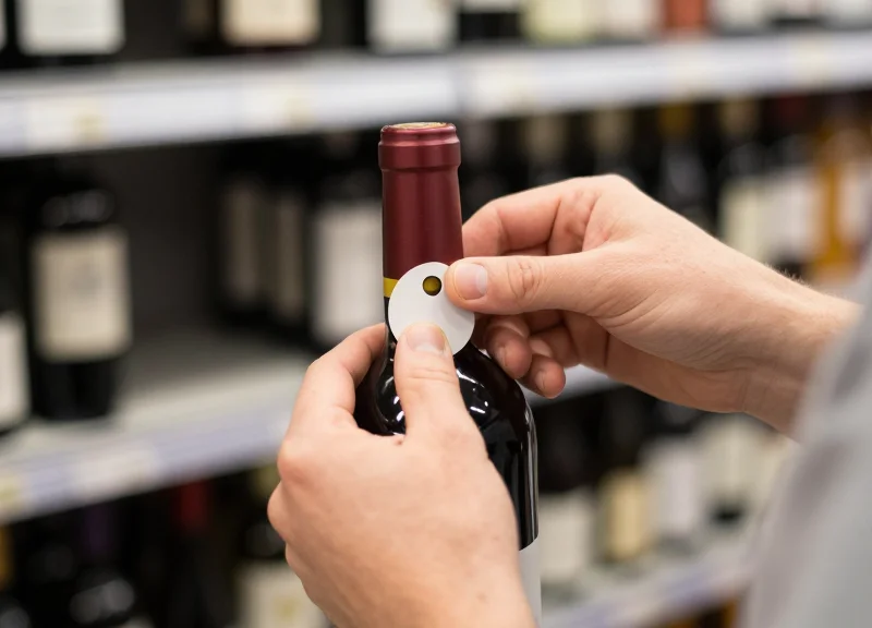 A close-up of a store employee correctly applying a security tag to a liquid container.