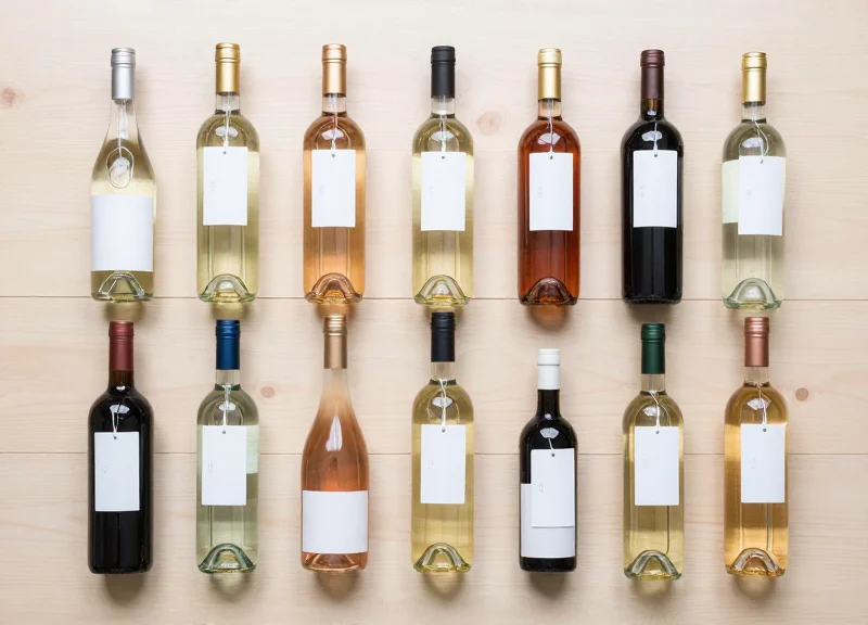 Organized top-down view of various retail liquid bottles with security tags correctly applied