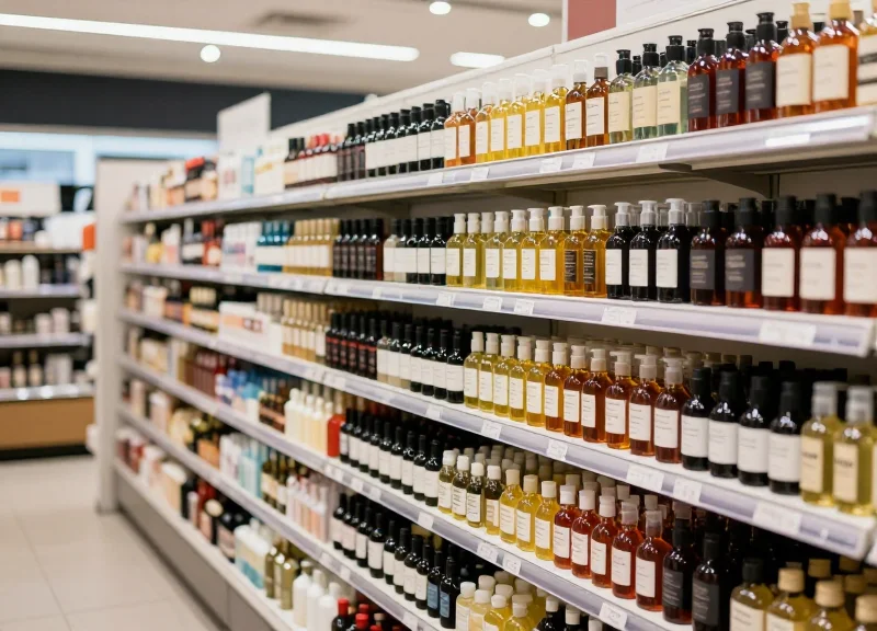 A modern retail shelf with perfectly secured bottled goods
