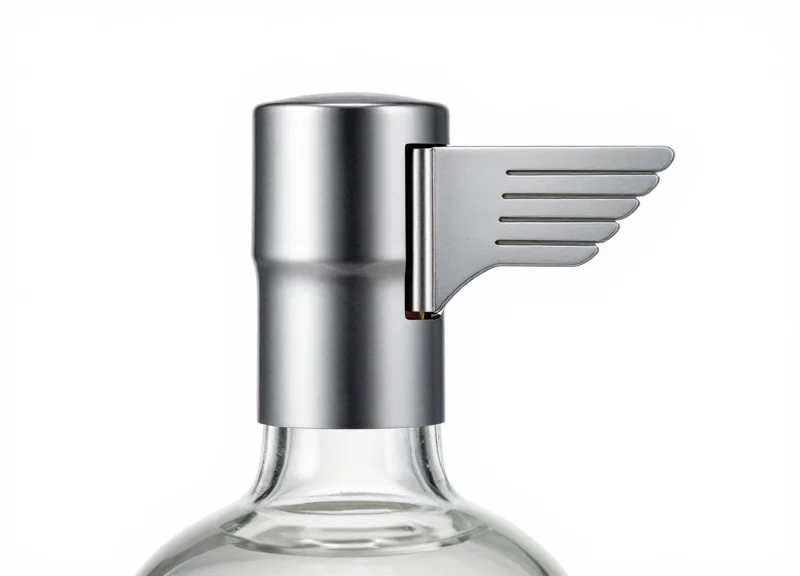 Close-up of a modern flag-tag RFID label attached to the neck of a glass bottle