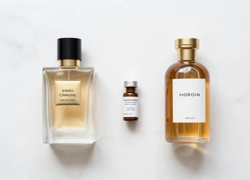 Neatly arranged bottles of cosmetics, pharmaceuticals, and luxury spirits on a marble surface
