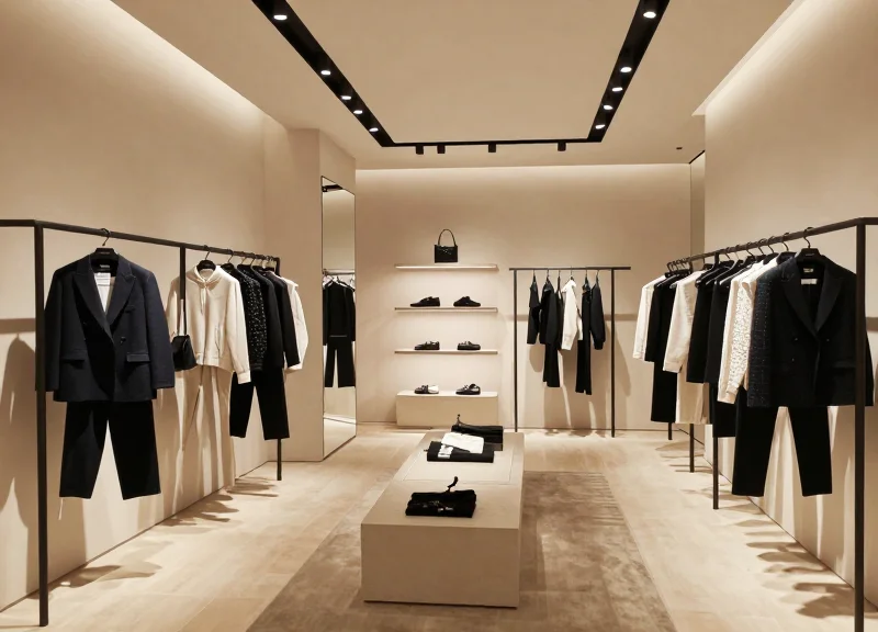 Interior of a luxury fashion boutique showcasing high-end apparel in a minimalist design
