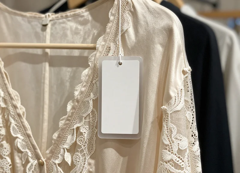 A security tag properly attached to the seam of a delicate lace garment, highlighting careful placement.