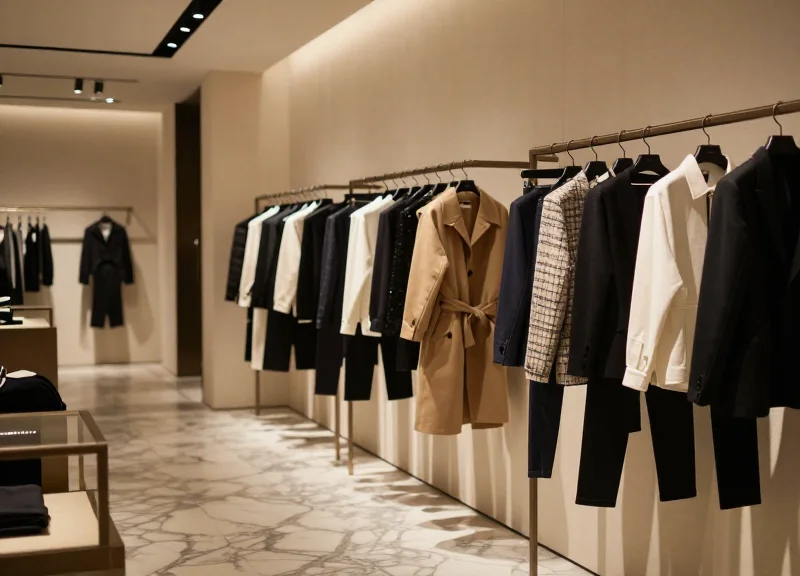 Interior of a high-end luxury fashion boutique showing elegant clothing displays.