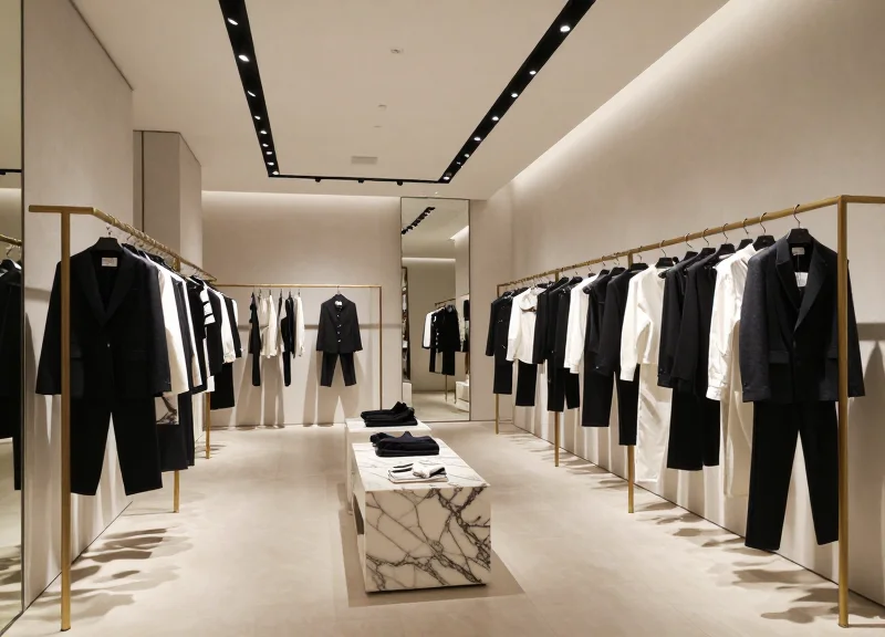 The interior of a high-end luxury boutique with elegant lighting and sophisticated garment displays.