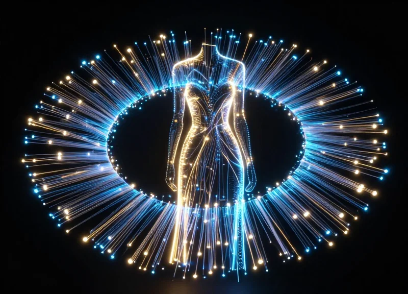 Abstract visualization of RFID waves and digital data surrounding luxury products.