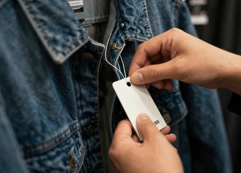 Close-up of a hand attempting to secure a standard tag on a thick heavy denim jacket