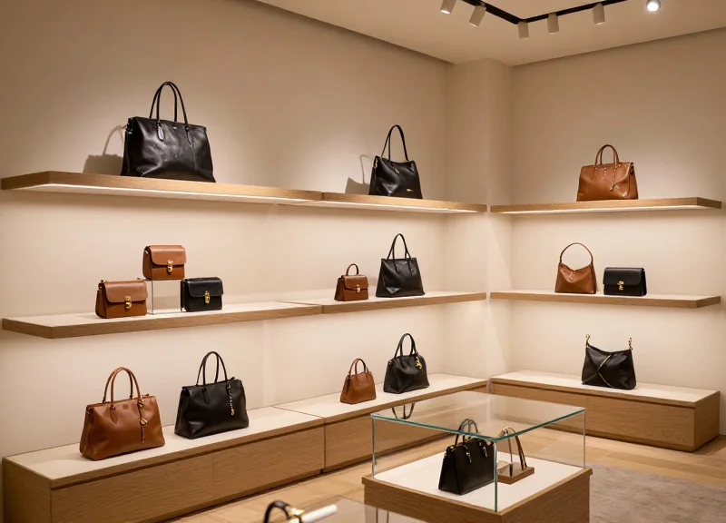 A luxury boutique interior with high-end leather bags on display, highlighting the retail environment.