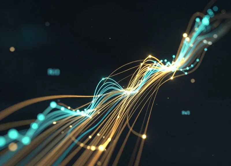 Abstract digital visualization of growth and profit margins using glowing light trails.