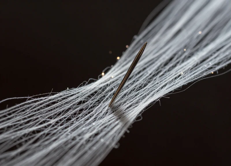 Abstract representation of delicate fabric fibers under stress showing a needle point