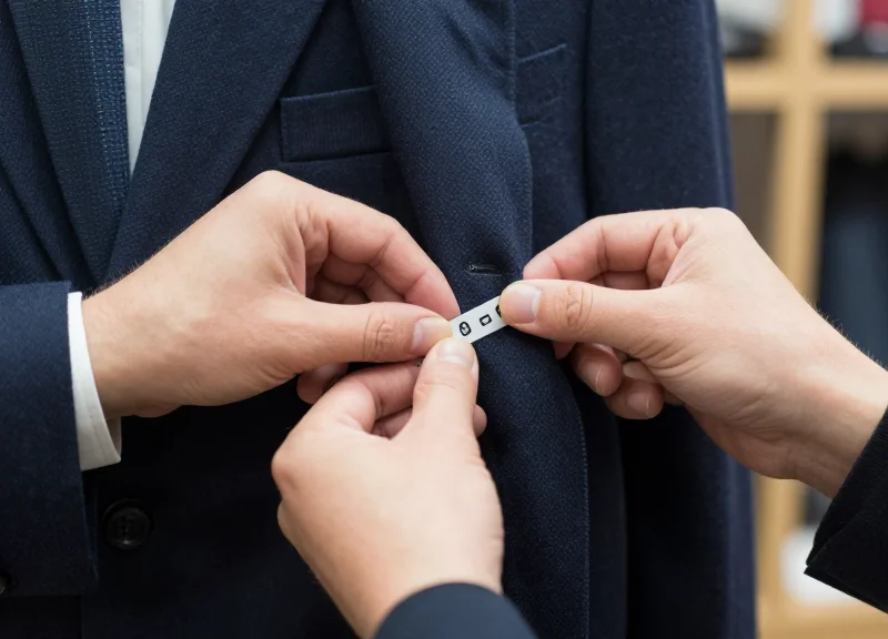 A hand placing a security tag on the inner lining of a tailored suit jacket