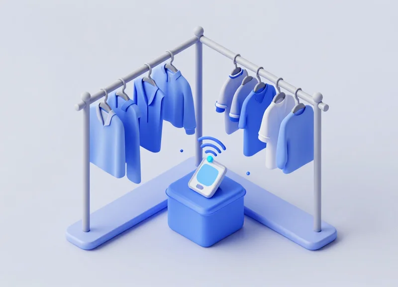 Isometric view of a smart boutique inventory management system with RFID