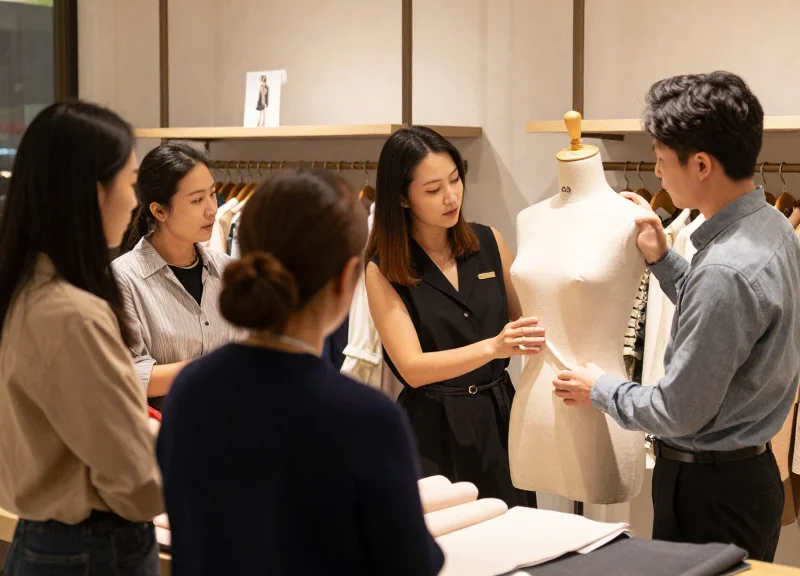 Retail staff being trained on proper garment handling in a luxury store