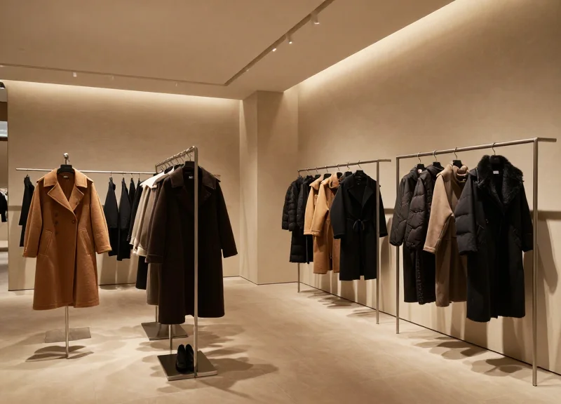 A wide-angle view of a minimalist luxury fashion boutique with high-end designer coats on display.
