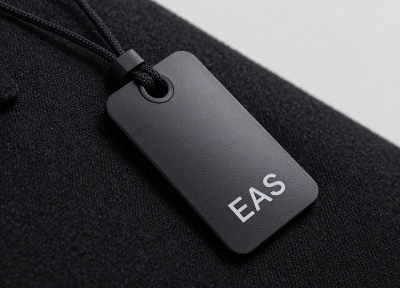 Close-up of a high-security EAS tag attached to a premium fabric, showing professional industrial design.
