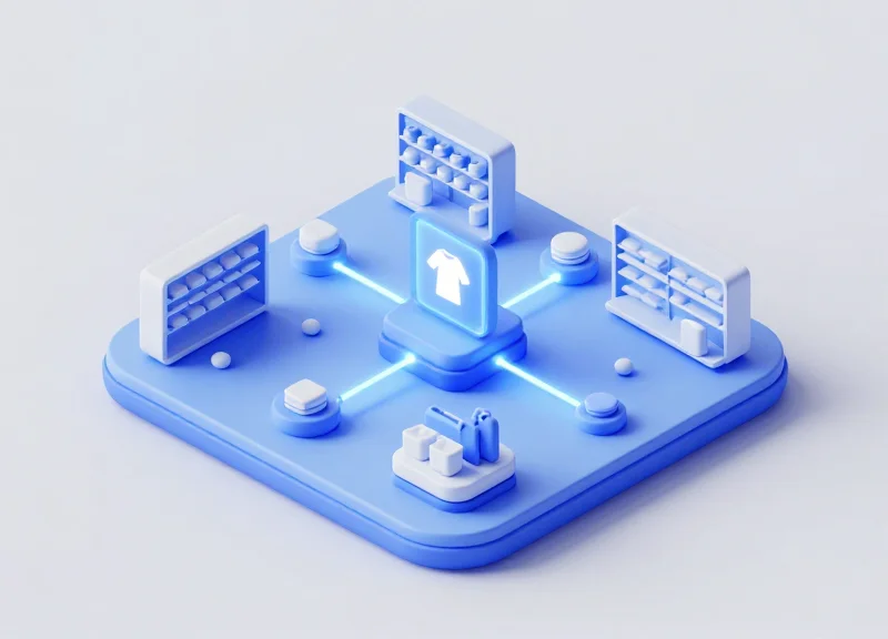 Isometric 3D model of a retail system showing the integration of security tags and inventory data.