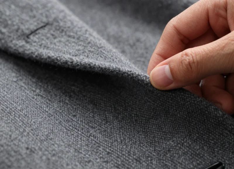 Macro photography of high-quality luxury coat fabric being gently inspected by a hand.