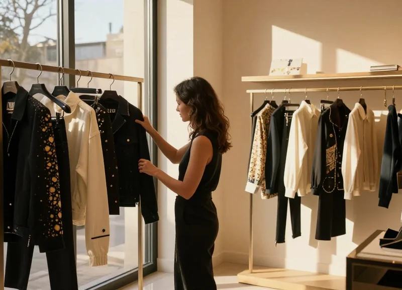 A customer enjoying a frictionless shopping experience in a high-tech luxury fashion store.