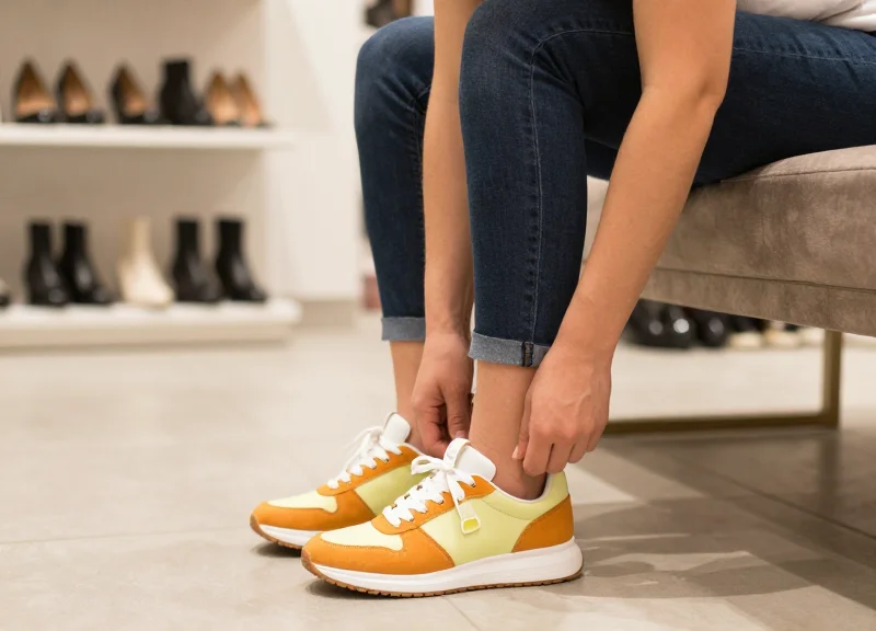A customer comfortably trying on a sneaker in a store, with a discreet security tag that does not interfere with the fit.