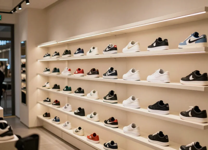 A modern high-end sneaker boutique with organized displays and soft ambient lighting.