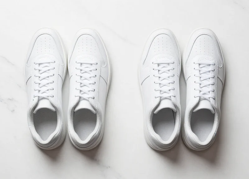 A pair of sneakers neatly arranged side-by-side on a clean white surface representing a matched set.