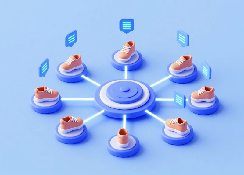 3D isometric model of a retail security system with digital connection lines.