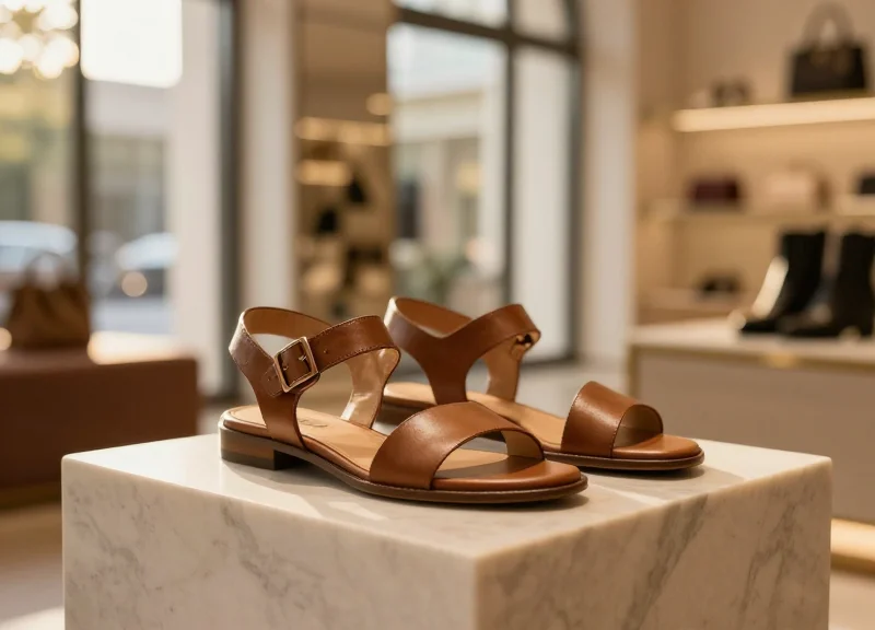 Close-up of premium leather sandals displayed in a high-end luxury retail store with soft warm lighting.