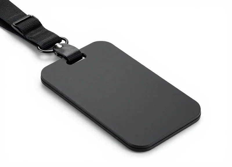 A professional studio shot of a non-piercing security lanyard tag on a pure white background.